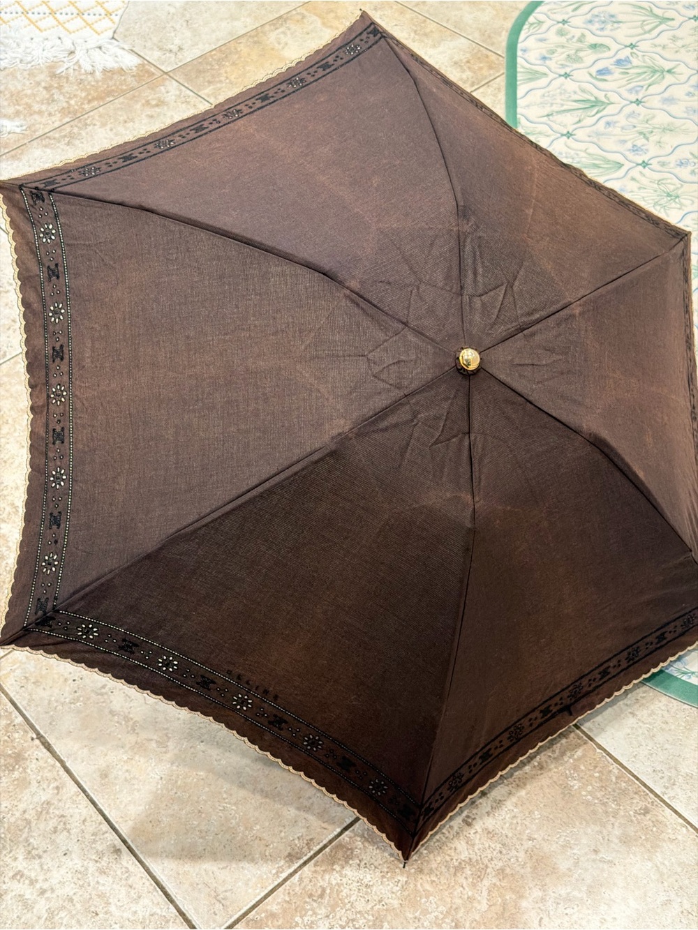 Celine Black Compact Umbrella with Gold Lace Trim - Picture 4 of 14